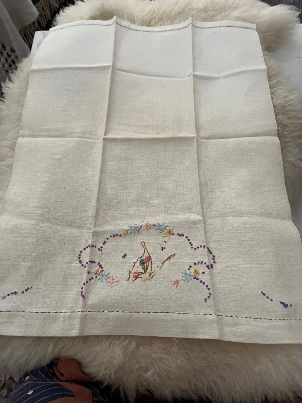 Embroidered Floral Linen Hand Towel in White with Pastel Accents
